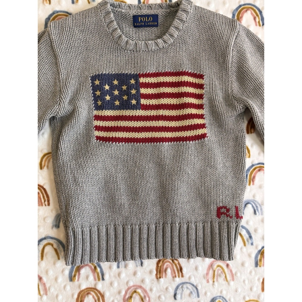 Polo Ralph Lauren Kids Gray Knit Cotton American Flag Pull Over Sweater Size 5